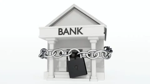 A Bank Building Secured with Chains and a Padlock, Symbolizing Financial Crisis Ilustración de archivo