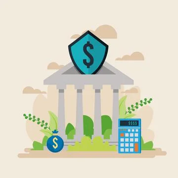 Bank building with shield Ilustración de archivo