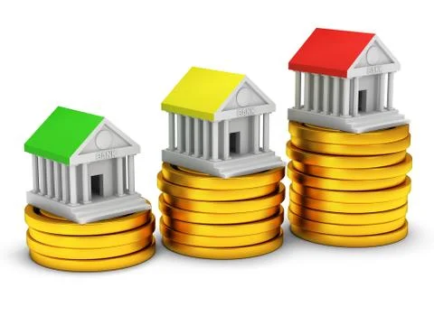 Bank buildings on stack of coins. Illustrazione stock