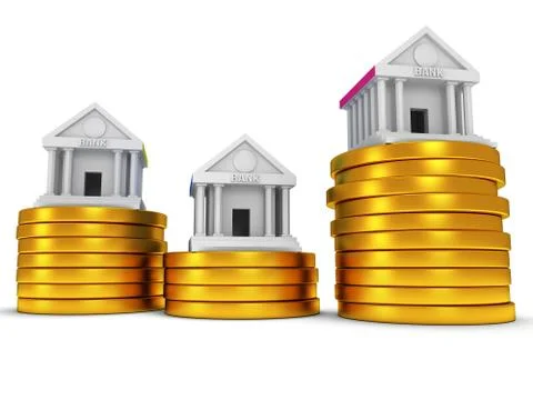 Bank buildings on stack of coins. Stockillustratie