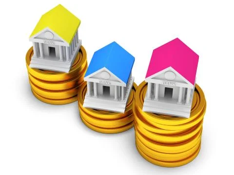 Bank buildings on stack of coins. 库存插图