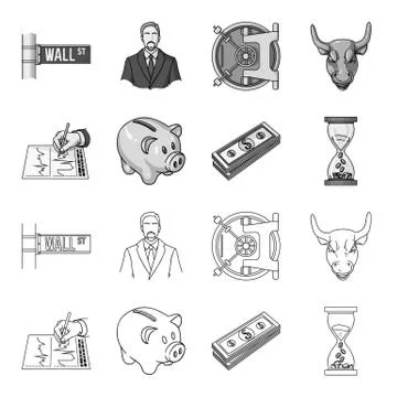 Bank, business schedule, bundle of notes, time money. Money and Finance set Stock Illustration