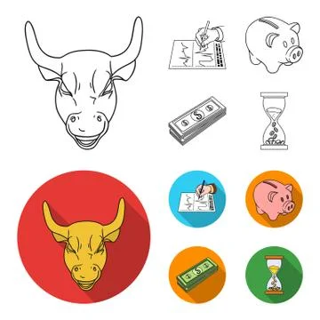 Bank, business schedule, bundle of notes, time money. Money and Finance set Stock Illustration