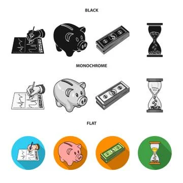 Bank, business schedule, bundle of notes, time money. Money and Finance set Stock Illustration