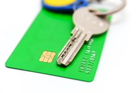 Bank card hacking tools displayed with key and card Stock Photos