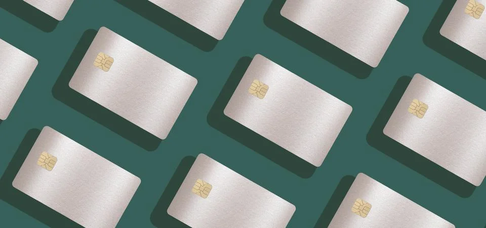 Bank cards levitating in a repeating pattern with a pastel, calm design. Stock Photos