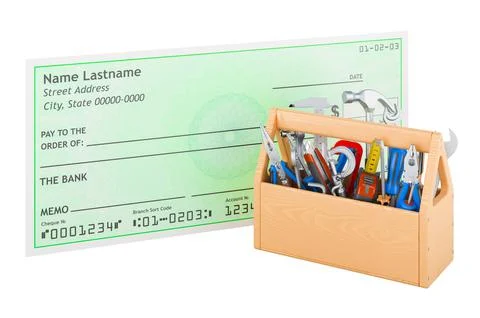 Bank check with tool box, 3D rendering Ilustração Stock