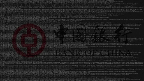 Bank of China logo made of source code on computer screen. Editorial loopable Stock Footage 92203118
