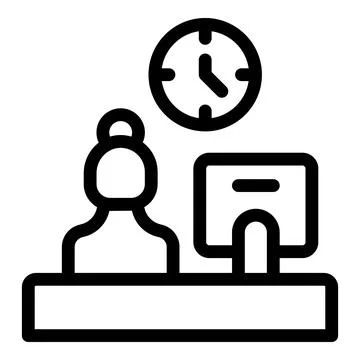 Bank clerk working with computer and clock showing business hours Stock Illustration