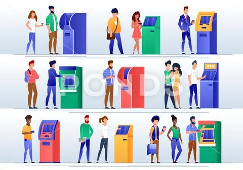 Bank Clients Using ATM Machine Flat Vector Set Stock Illustration