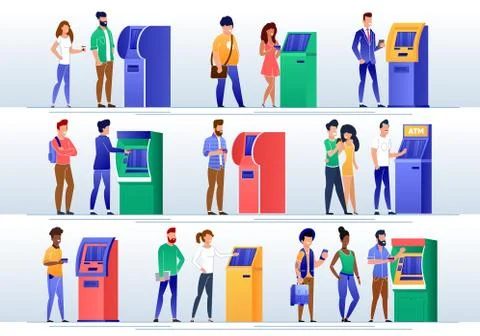 Bank Clients Using ATM Machine Flat Vector Set Stock Illustration
