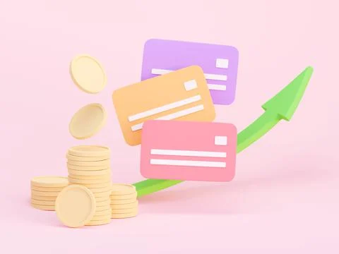 Bank credit cards and stack of coins, 3d rendering illustration in cartoon style イラスト素材
