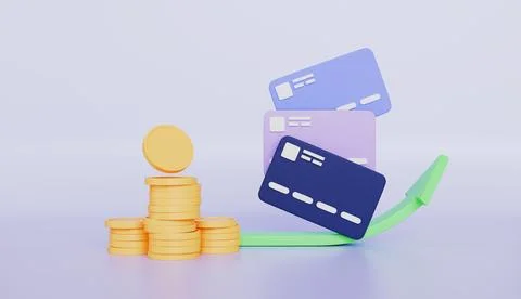 Bank credit cards and stack of coins, investment money savings, contactless Stock Illustration