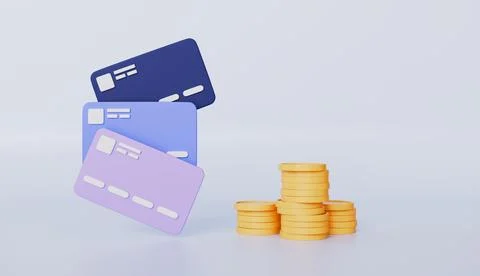Bank credit cards and stack of coins, contactless payment, investment money Stock Illustration