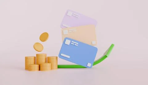 Bank credit cards and stack of coins, money savings, contactless payment Stock Illustration