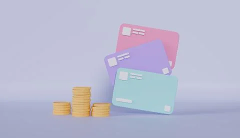 Bank credit cards and stack of coins, concept of money savings, contactless Stock Illustration