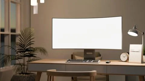 Bank curved screen computer with clock, calendar under lamp light on wooden.. Illustrazione stock