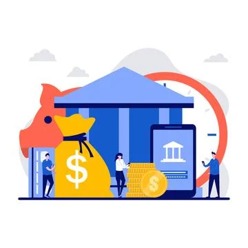 Bank deposit concept with tiny character. People using online financial ser.. Stock Illustration