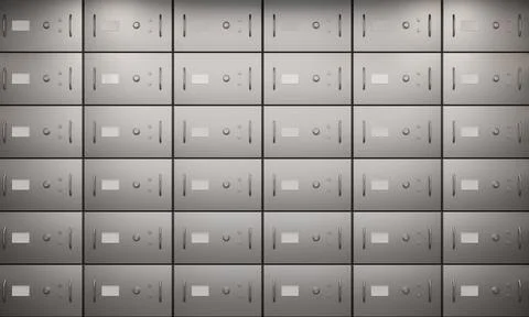 Bank deposit safe boxes wall, closed metal lockers in vault with lock and Illustrazione stock