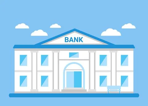 Bank facade building witn column, white house. Money service, financial work. Ilustración de archivo