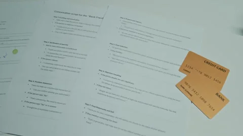 Bank Fraud Phone Call Script Lying on Desk with Credit Cards Stock Footage 346691238