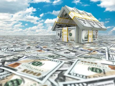 Bank. house from pack of dollar on cloudscape. Stockillustratie