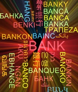 Bank multilanguage wordcloud background concept glowing Stock Illustration