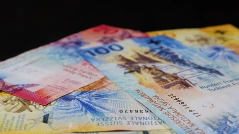 Bank notes of Swiss Franc rotating on an automatic table Stock Footage 271685332