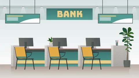 Bank office interior. Big work corporate room with computer and desk or table Illustrazione stock