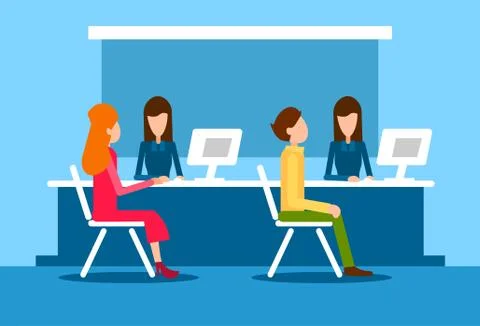 Bank Office Interior Client Man Woman Sit Desk Banker Worker Workplace Ilustración de archivo