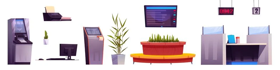 Bank office interior design elements set Ilustração Stock