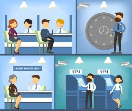 Bank office interior. Manager, cashier and client. Stock Illustration