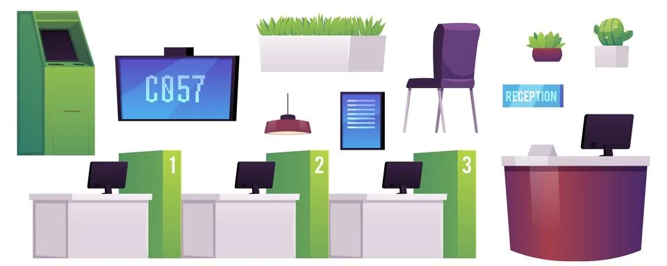 Bank office interior vector set, ATM, automated teller machine, queue scoreboard Illustrazione stock