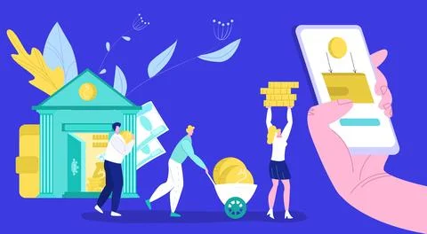 Bank operations with money flat vector illustration. Banking, cash deposit Stock Illustration