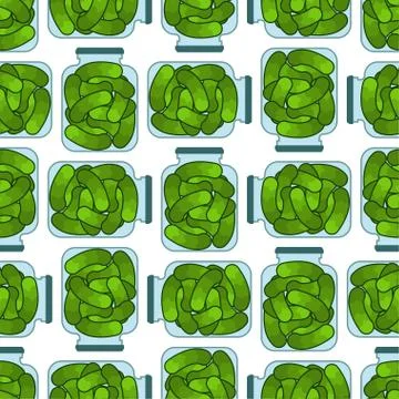 Bank pickled cucumbers pattern seamless. Preserved vegetables background. Vec Stock Illustration