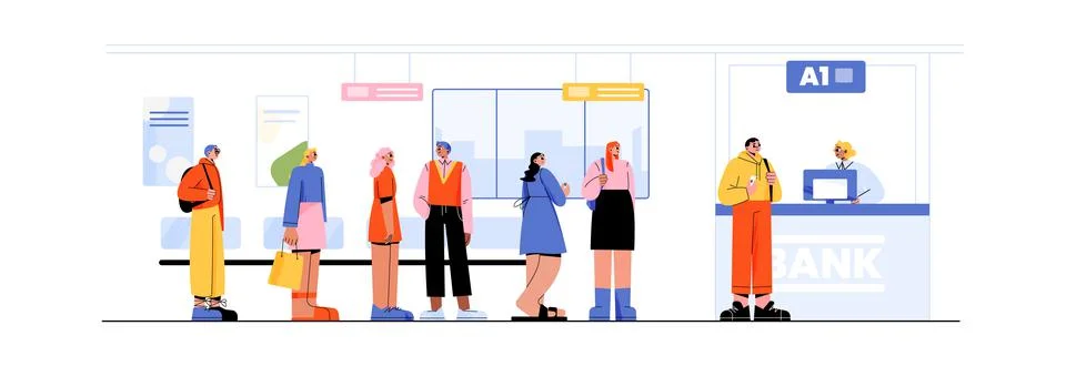 Bank queue, people stand in row front of desk Stock Illustration