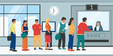 Bank queue. People standing in row to bank worker, clients verifying payments Stock Illustration