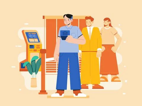 Bank queue people standing in row to cashier Men and women waiting in line Stock Illustration
