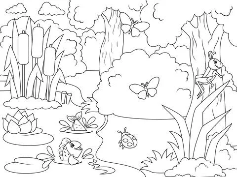 Bank of the river in the forest. Different characters, fish, insects and nature Illustrazione stock