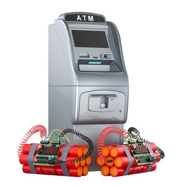 Bank robbery, concept. ATM machine with TNT bomb explosive, 3D rendering Stock Illustration