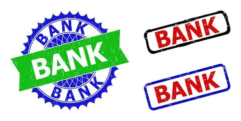 BANK Rosette and Rectangle Bicolor Stamp Seals with Grunged Surfaces Illustrazione stock