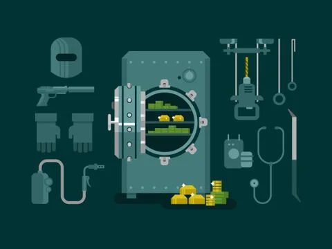 Bank safe with tools for hacking Ilustração Stock