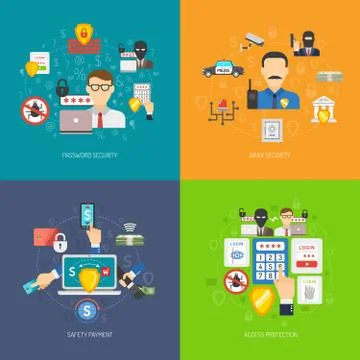Bank security 4 flat icons banner Stock Illustration