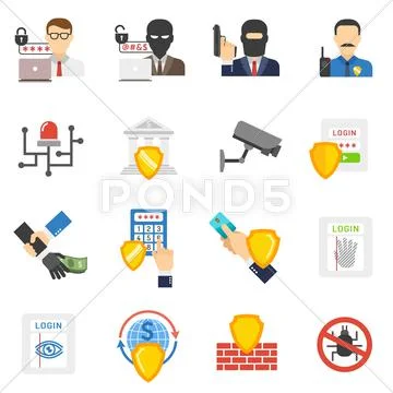 Bank security flat icons set Stock Illustration
