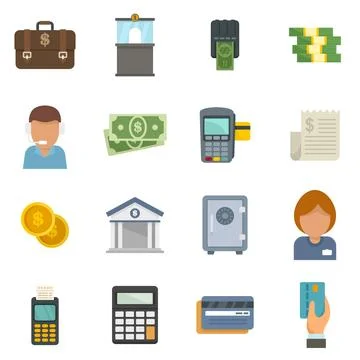 Bank teller icons set flat isolated Stock Illustration