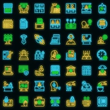 Bank teller icons set vector neon Stock Illustration