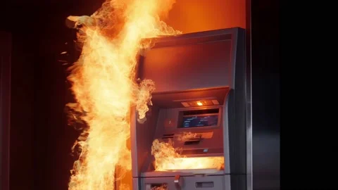 Bank teller macnine in flmaes of fire background Stock Footage 238372442