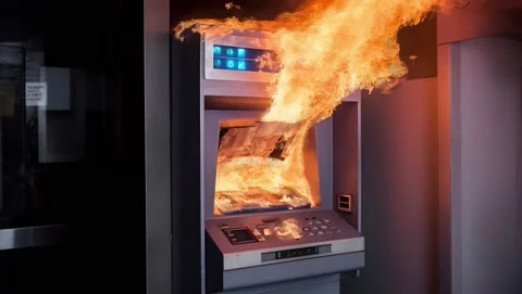 Bank teller macnine in flmaes of fire background Stock Footage 238372542