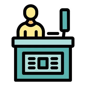 Bank teller working at computer behind counter providing financial services Stock Illustration