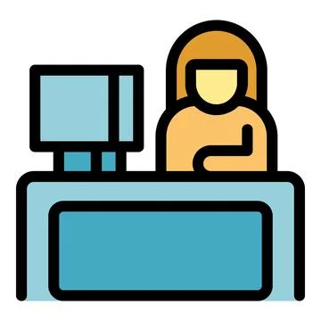 Bank teller working at computer behind counter providing financial services Stock Illustration